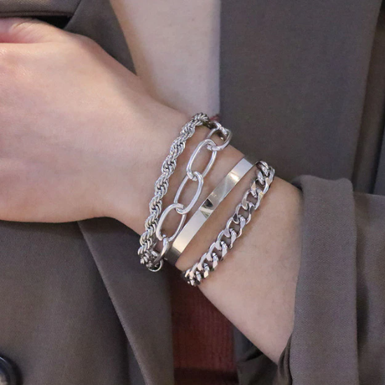 Stackable metal chain bracelets with mixed chain styles for women