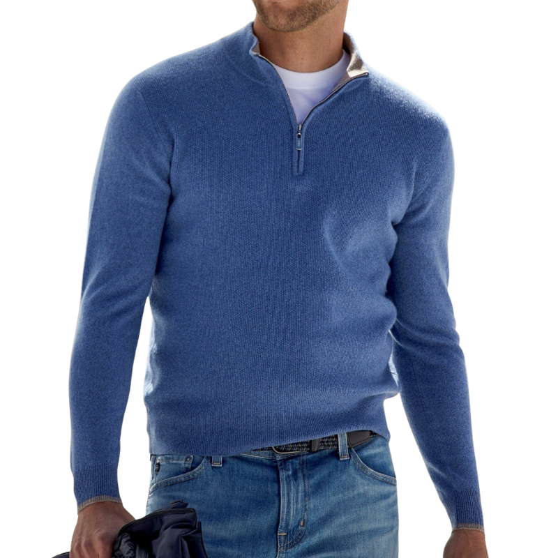 Men's knitted sweater with stand-up zipper collar in black — autumn winter mid-layer, cotton-polyester