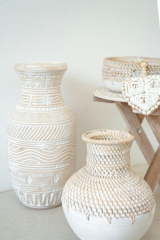 Handmade woven ceramic vase top-down view showing woven rim structure