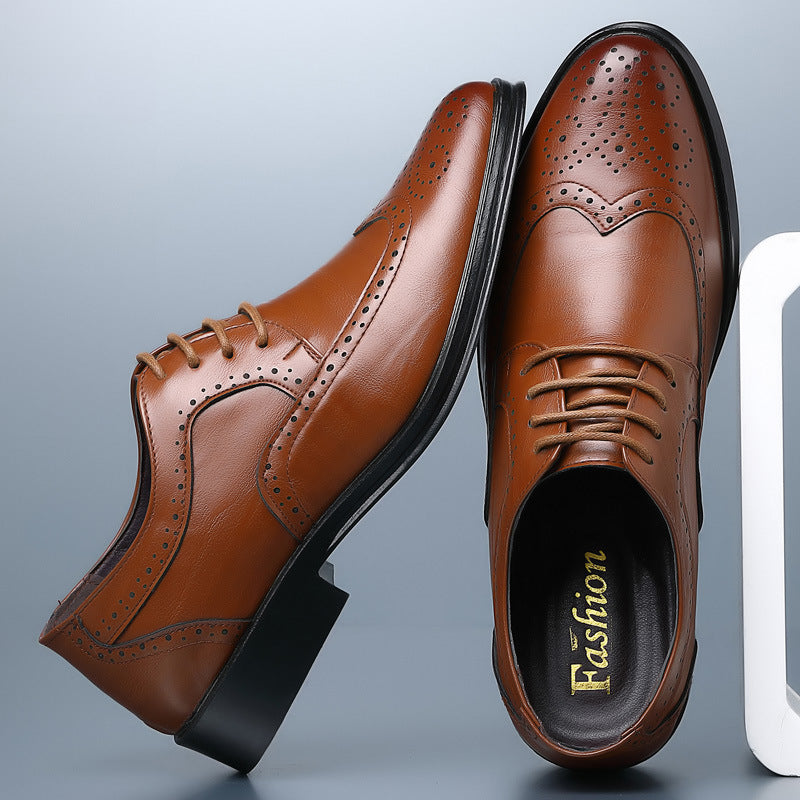 Leather brogue dress shoes for men displayed at a three-quarter angle showing sole and upper