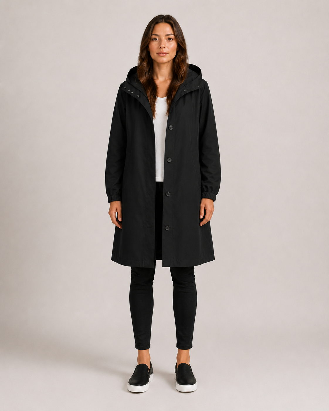 Black lightweight fitted raincoat women full-length view