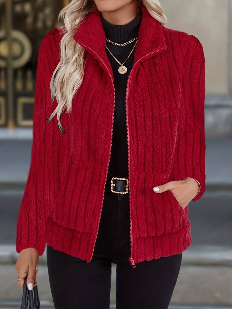 Women's full-zip jacket in textured polyester blend with a stand-up collar and regular fit