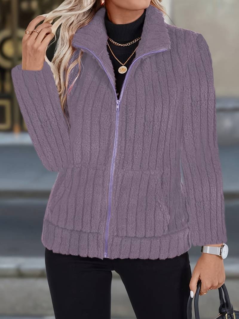 Textured polyester blend zip-up jacket for women with a high stand-up collar and streamlined silhouette
