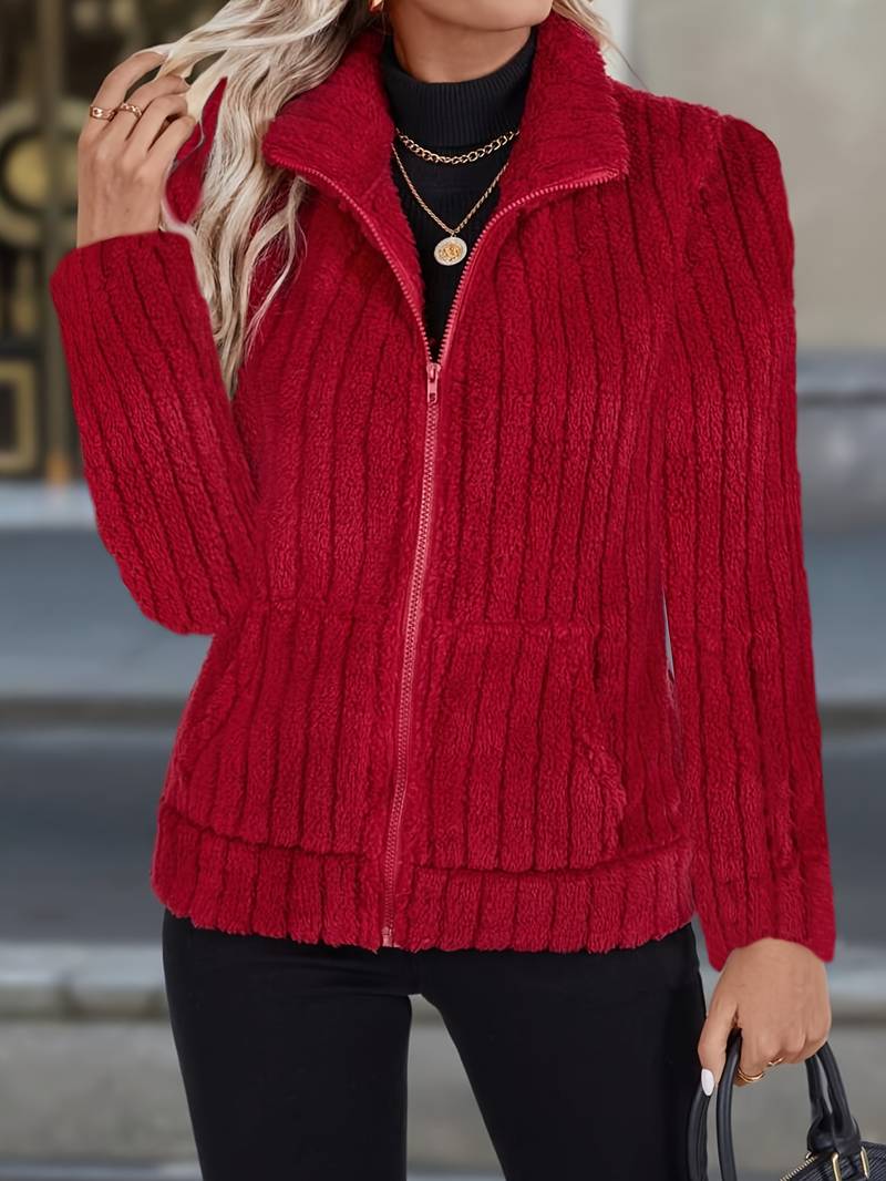 Women's everyday jacket with full-length zipper, high collar, and textured polyester blend construction