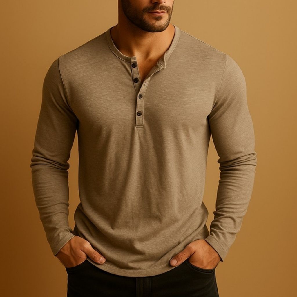 Back view of men's long-sleeved Henley shirt in slim fit cotton blend