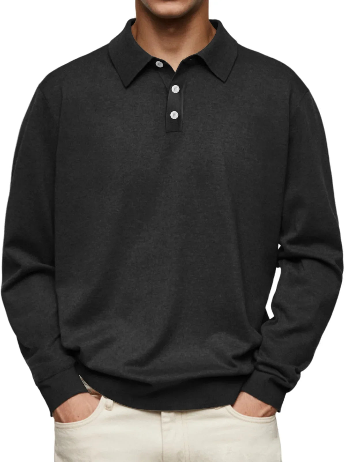 Men's knitted long-sleeve polo shirt with three-button collar and ribbed cuffs