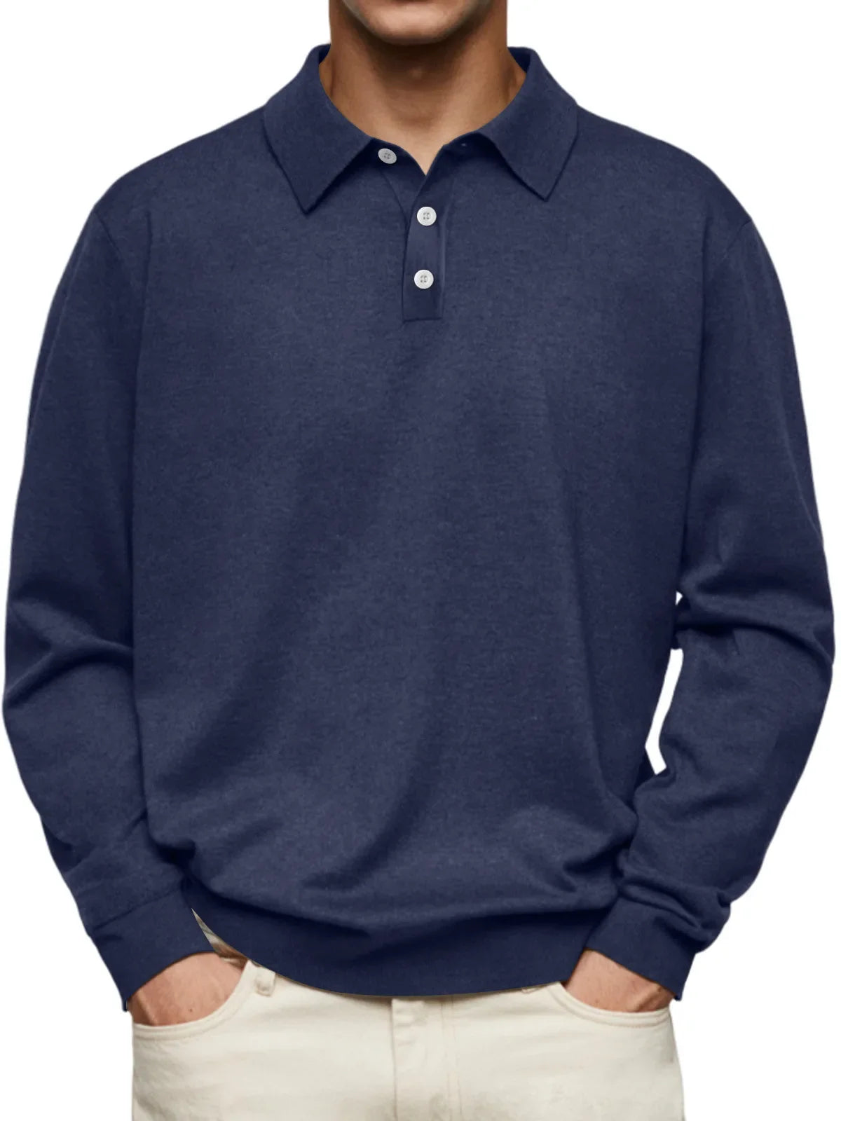 Men's fine-knit polo sweater with polo collar, long sleeves, and ribbed hem