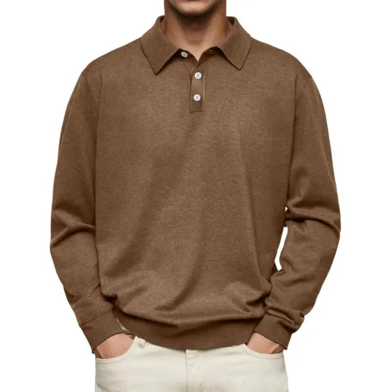Men's long-sleeve knit polo with three-button collar and ribbed cuffs and hem