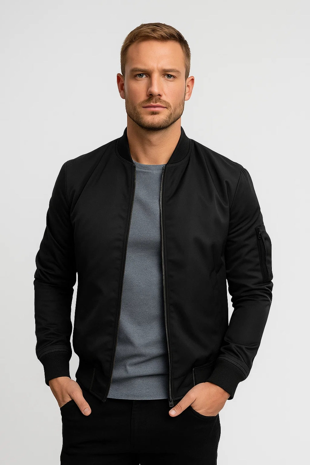 Men's bomber jacket with front zipper, stand collar, and ribbed cuffs