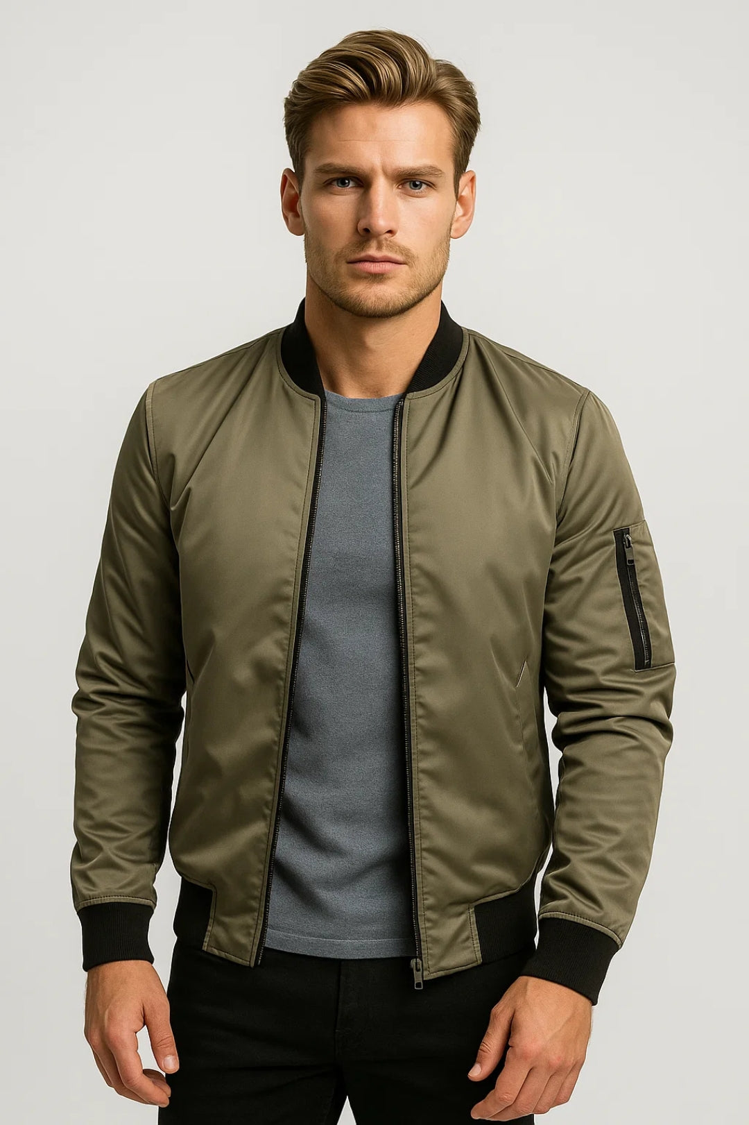 Men's regular-fit bomber jacket with zipper closure and ribbed finishes
