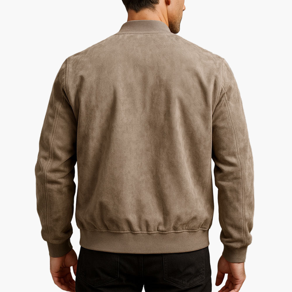 Suede-finish bomber jacket for men with ribbed hem and structured hip-length silhouette