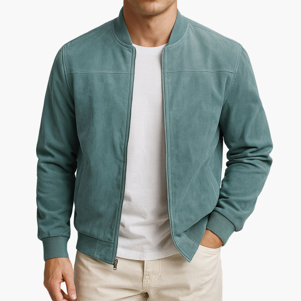 Men's suede bomber jacket with front zipper closure and ribbed cuffs and hem
