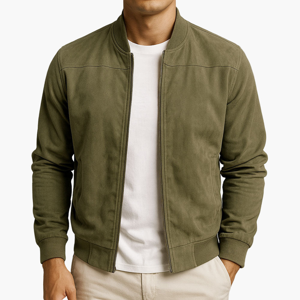 Suede-like men's bomber jacket featuring a stand-up collar and long sleeves