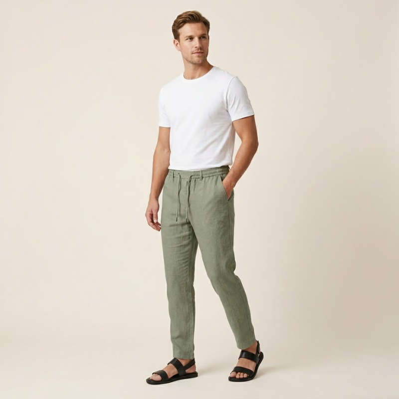 Men's tapered woven pants with drawstring waist and side pockets in a muted green