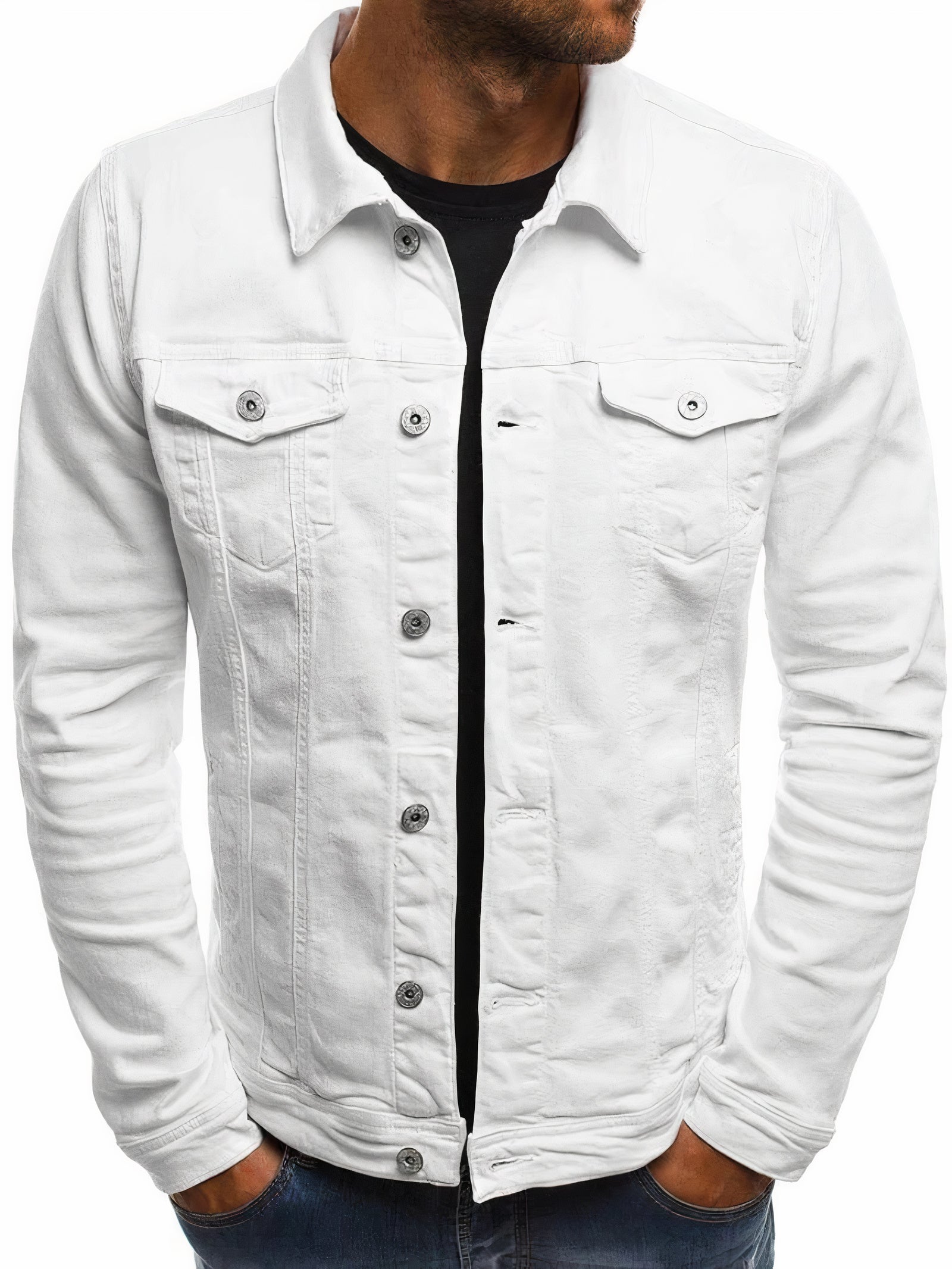 Men's denim jacket with button closure and classic collar