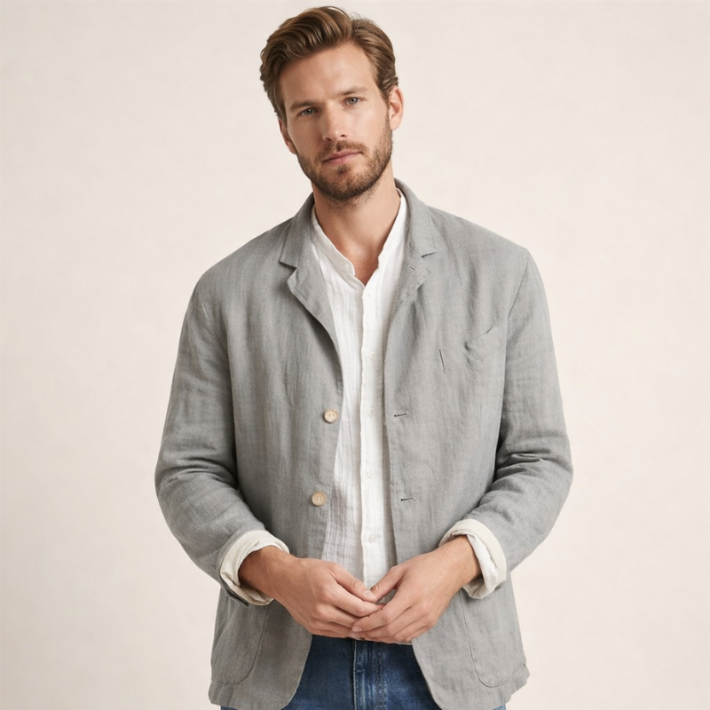 Men's lightweight blazer with lapel collar, front button closure, and patch pockets