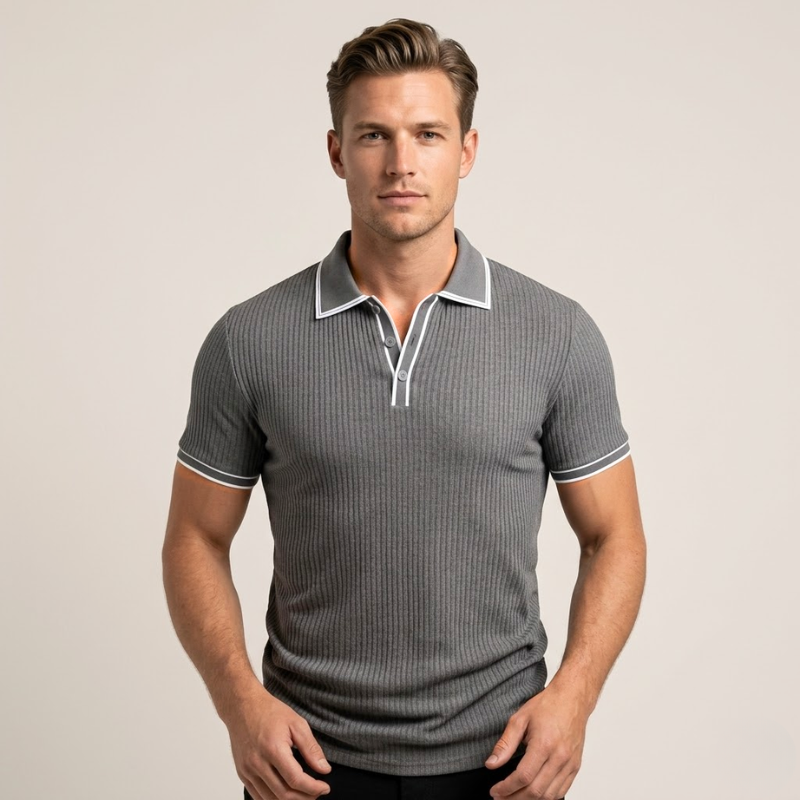 Men's ribbed short-sleeve polo shirt with vertical texture and straight hem