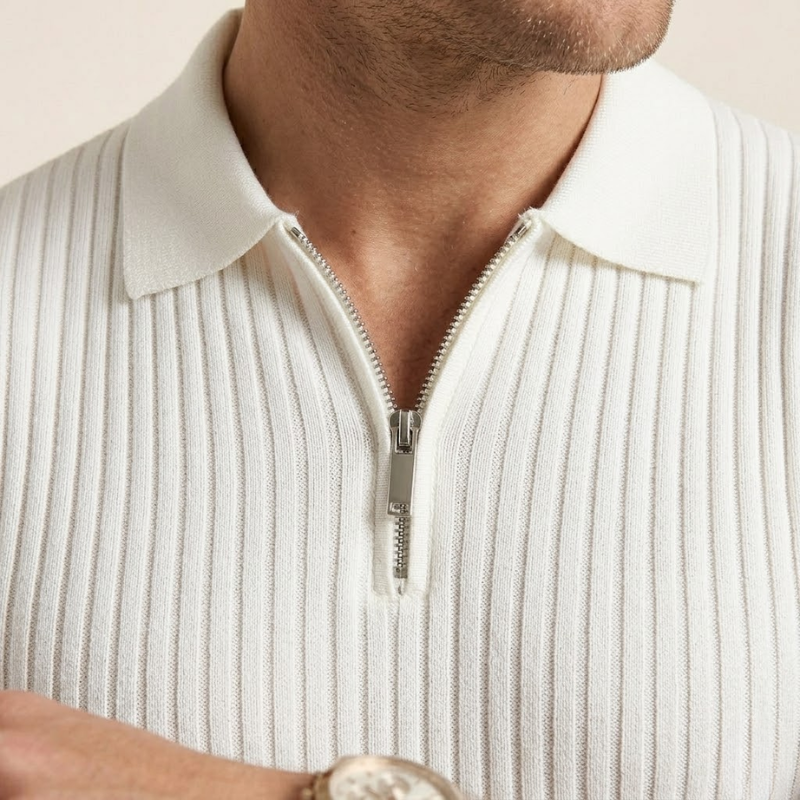Men's short-sleeve polo shirt with vertical ribbed structure and classic collar detail