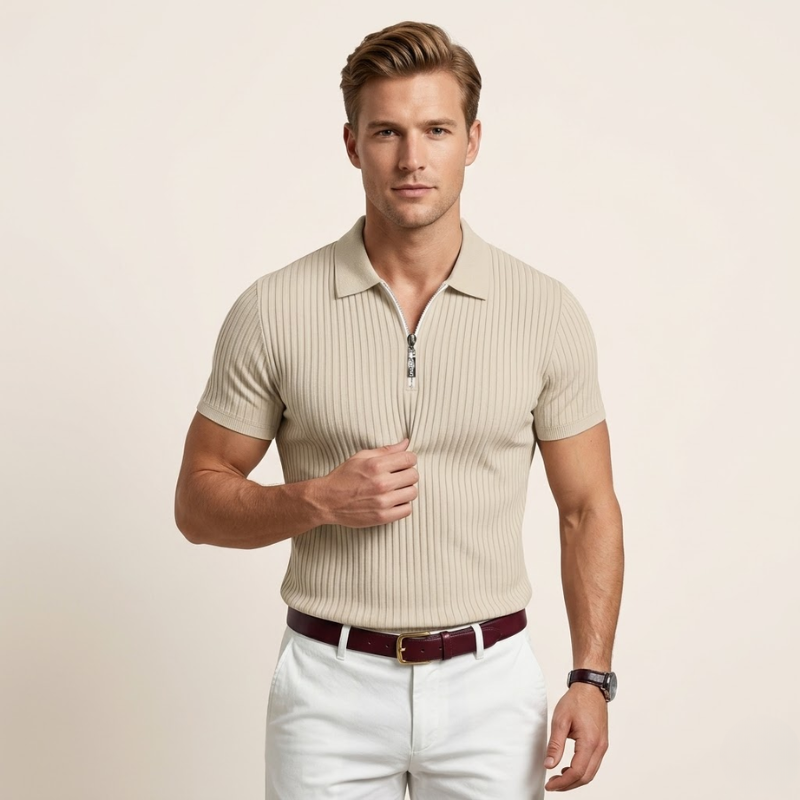 Men's fitted ribbed polo shirt with a short front zipper and polo collar
