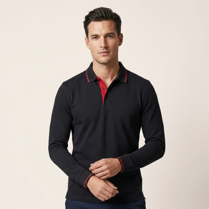 Men's long-sleeved polo shirt with contrast trim in black