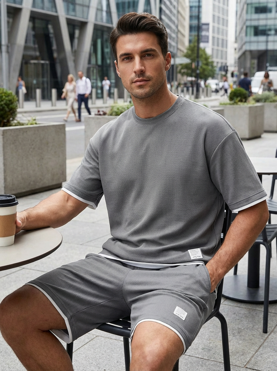 Men's matching t-shirt and shorts set in lightweight structured fabric with elastic waistband