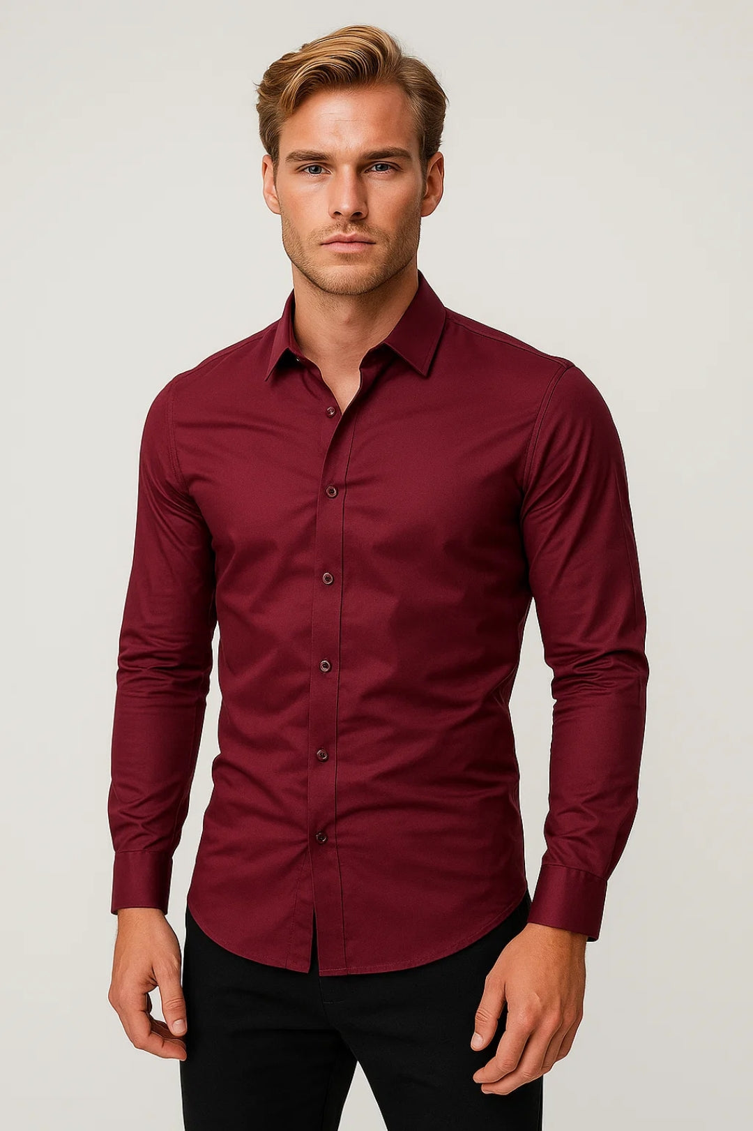 Men's slim fit woven shirt with long sleeves, pointed collar, and button cuffs