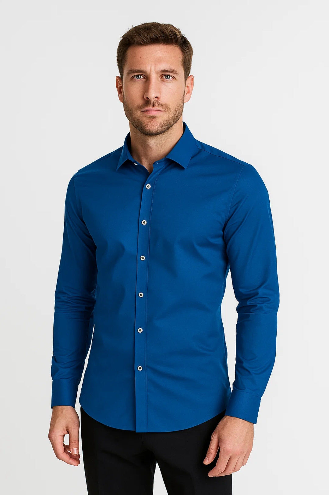 Men's slim fit button-up shirt with pointed collar, long sleeves, and clean seam construction
