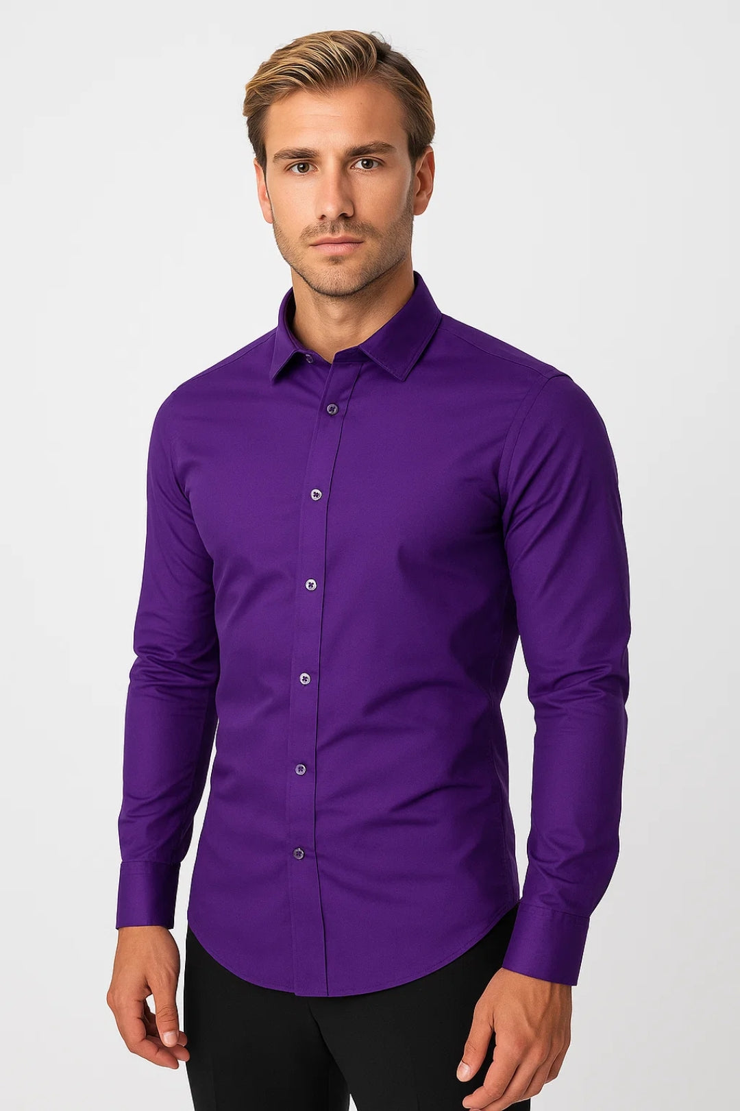 Men's tailored slim fit shirt with front button closure, long sleeves, and smooth woven fabric