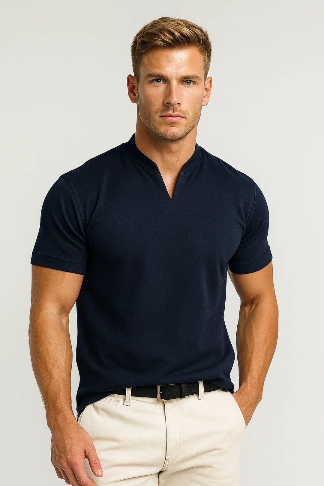 Men's short-sleeve top with split collar and straight fit