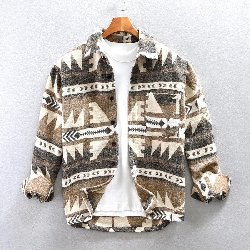 Men's woven overshirt with geometric pattern, button placket, classic collar, and chest pocket