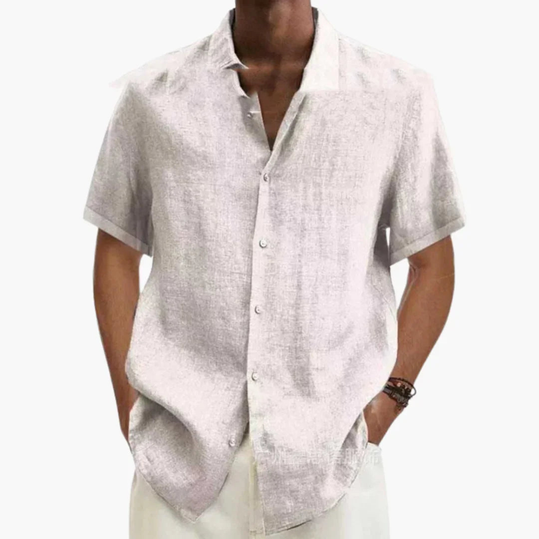 Men's short-sleeve woven shirt with button front and classic collar
