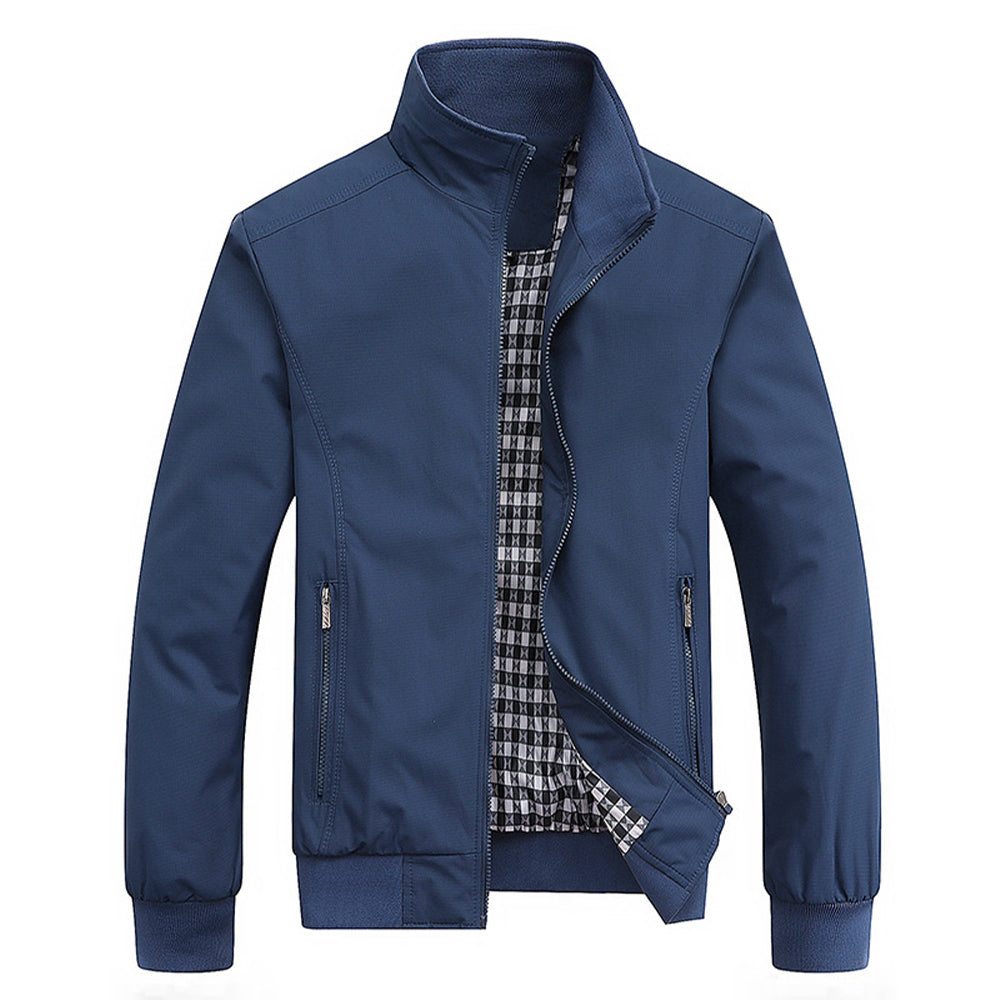 Men's woven jacket with front zipper and structured stand-up collar