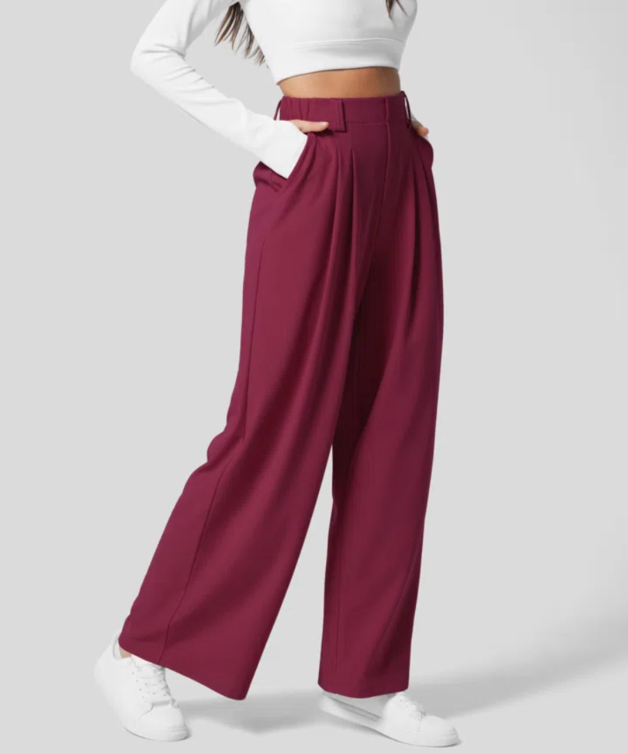 Wide-leg trousers for women in woven material, structured drape and high-rise waist