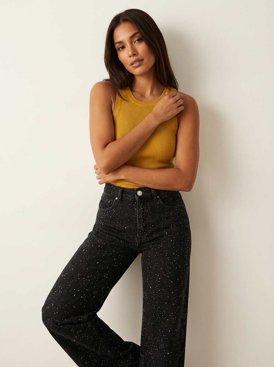 Women's structured denim jeans with glitter effect and wide-leg cut