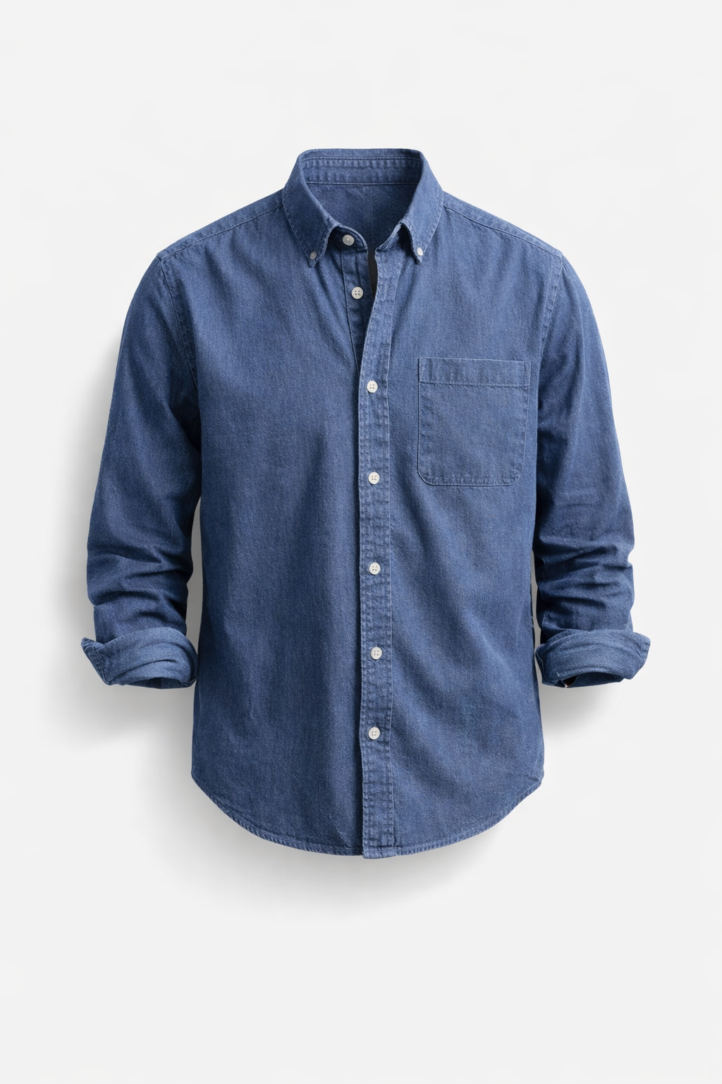 Men's long-sleeve denim shirt with button closure, classic collar, and chest pocket