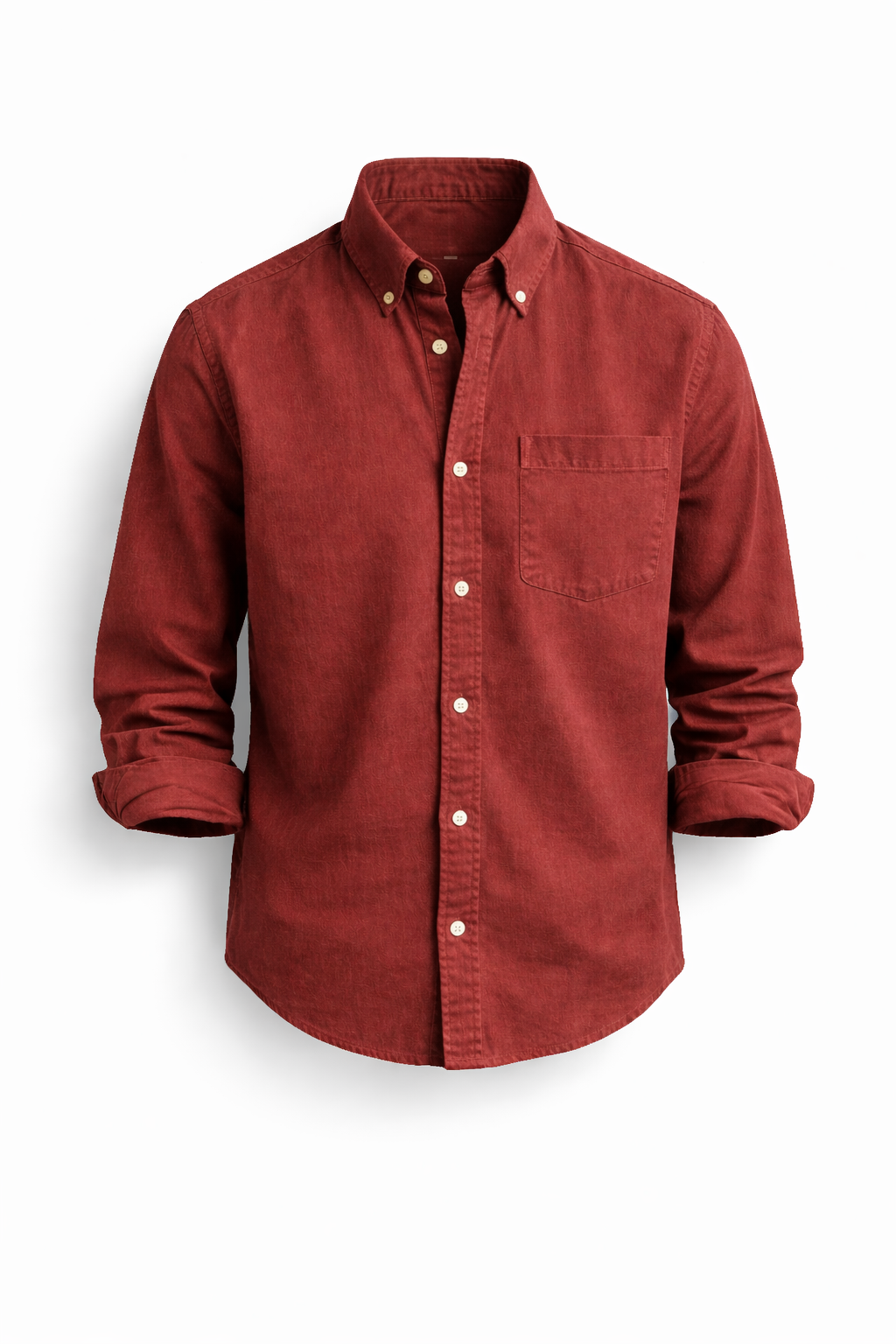 Men's denim shirt featuring a front button closure, chest pocket, and rounded hem