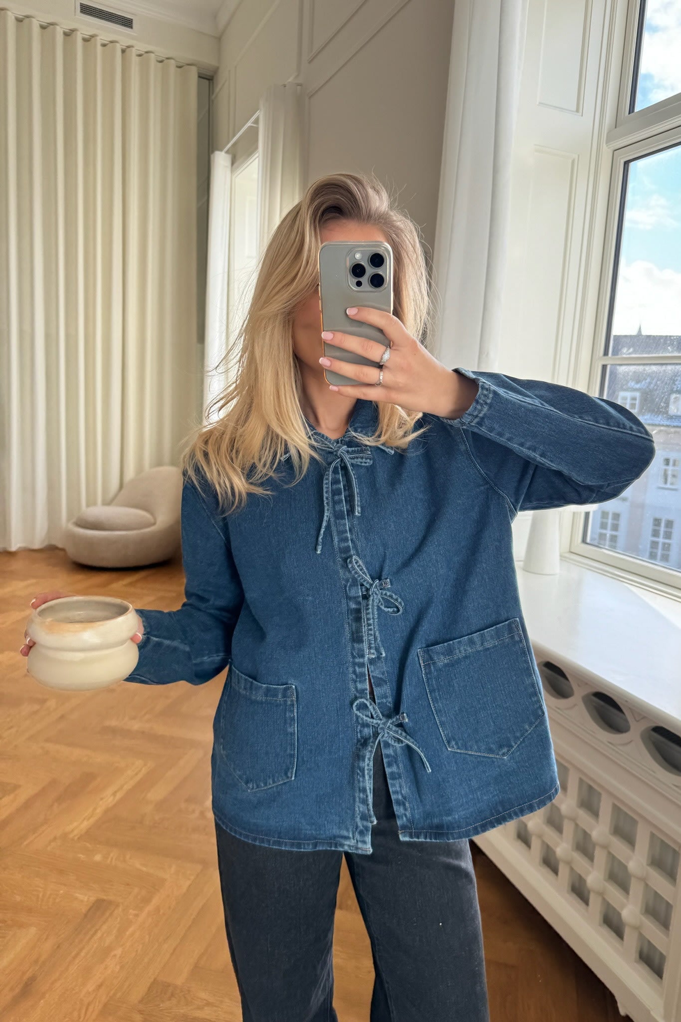 Women's denim jacket with front tie-detail and patch pockets