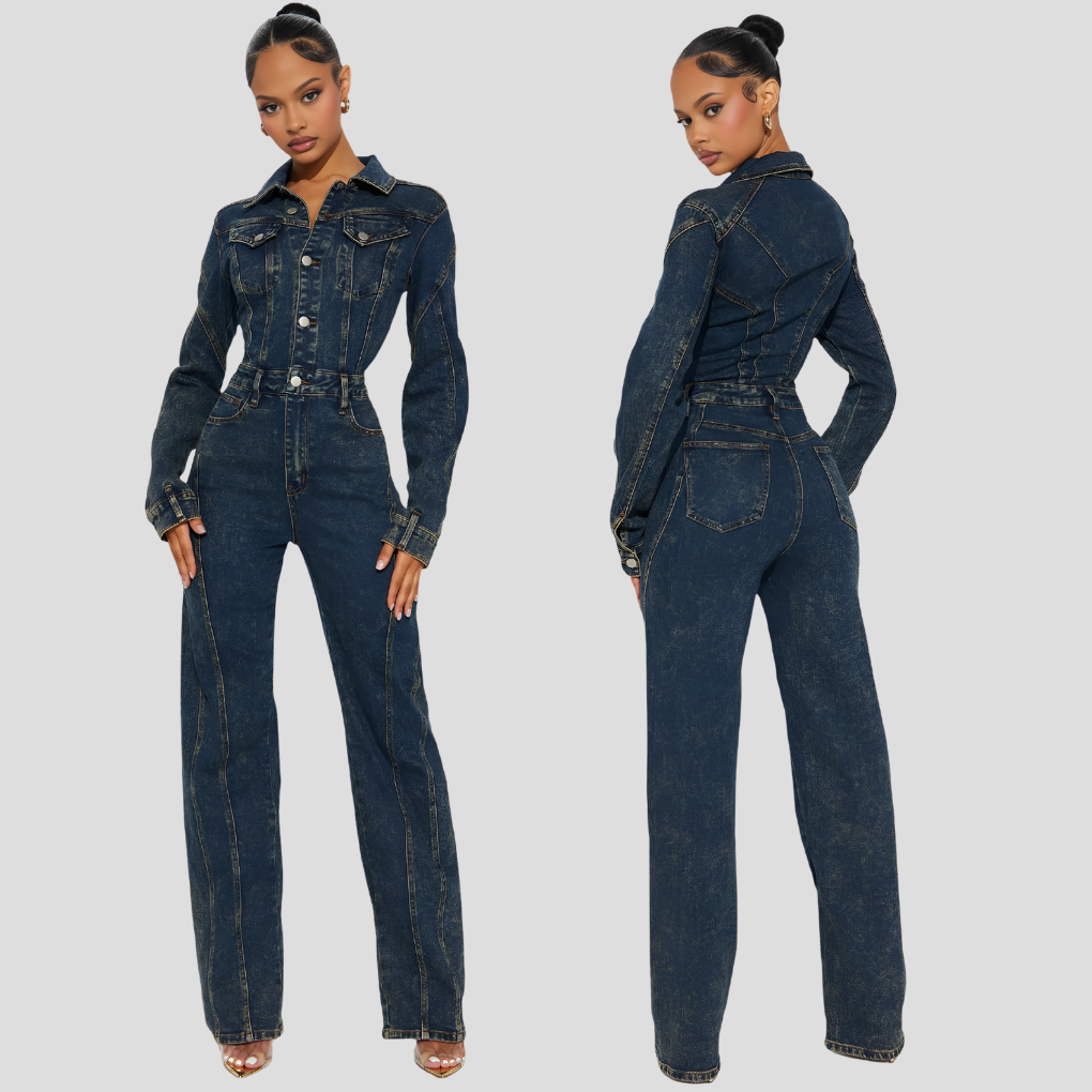Women's tailored denim jumpsuit with wide-leg trousers and long sleeves, front view