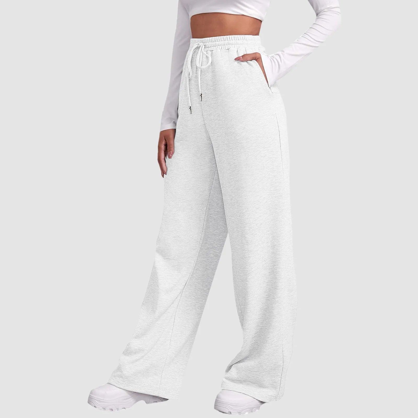 Women's wide-fit woven trousers with high waist and elastic drawstring waistband