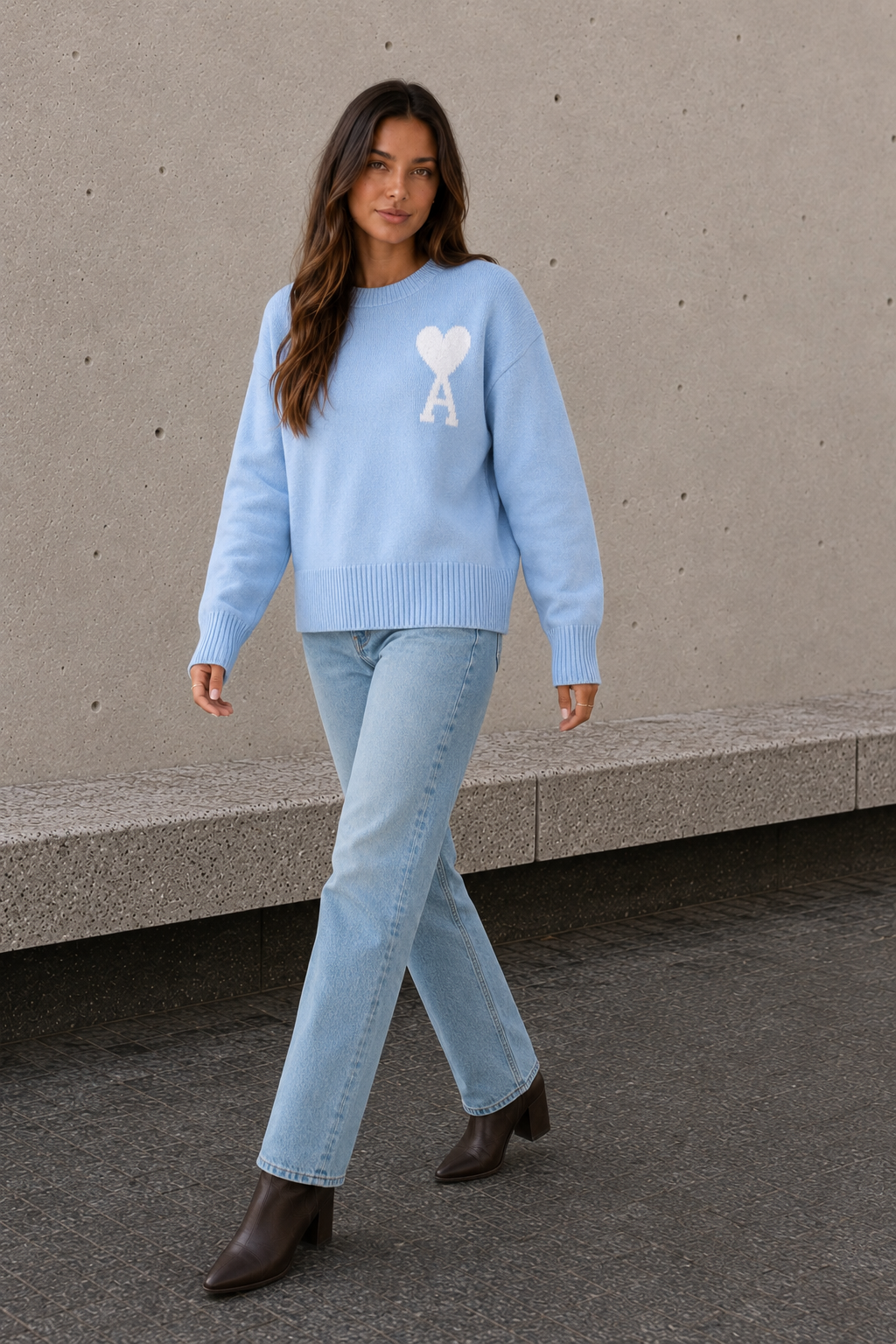 Women's light blue oversized sweater with heart and letter detail