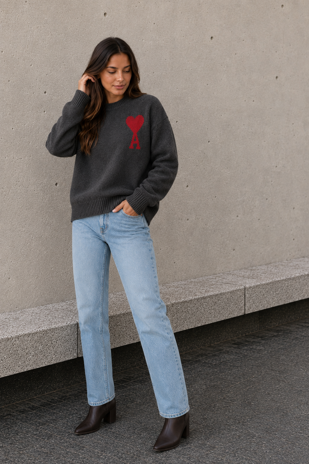 Women's dark gray oversized sweater with heart and letter detail front view