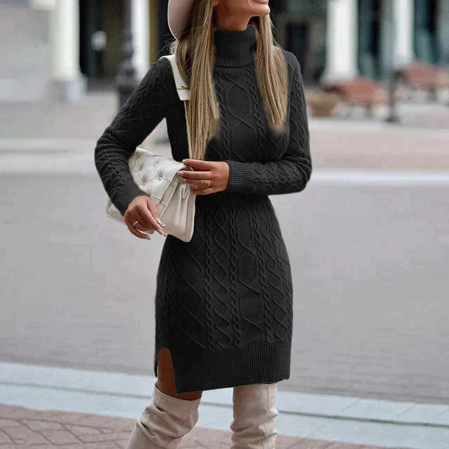 Cable-knit turtleneck dress for women showing fitted silhouette and ribbed knit texture detail