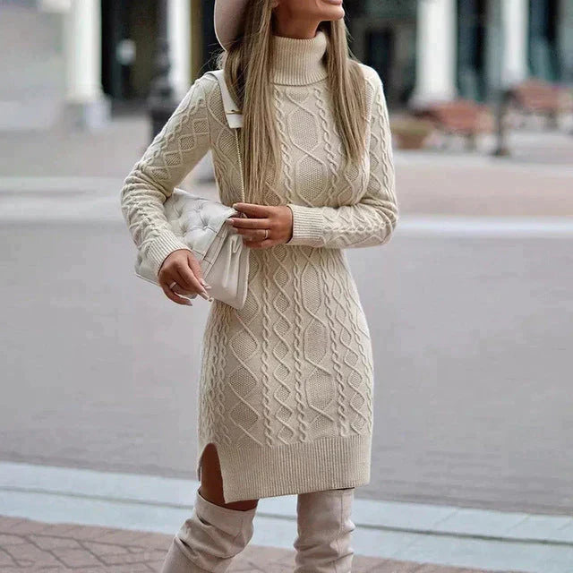 Women's slim-fit cable-knit dress with high turtleneck collar and long sleeves, side view