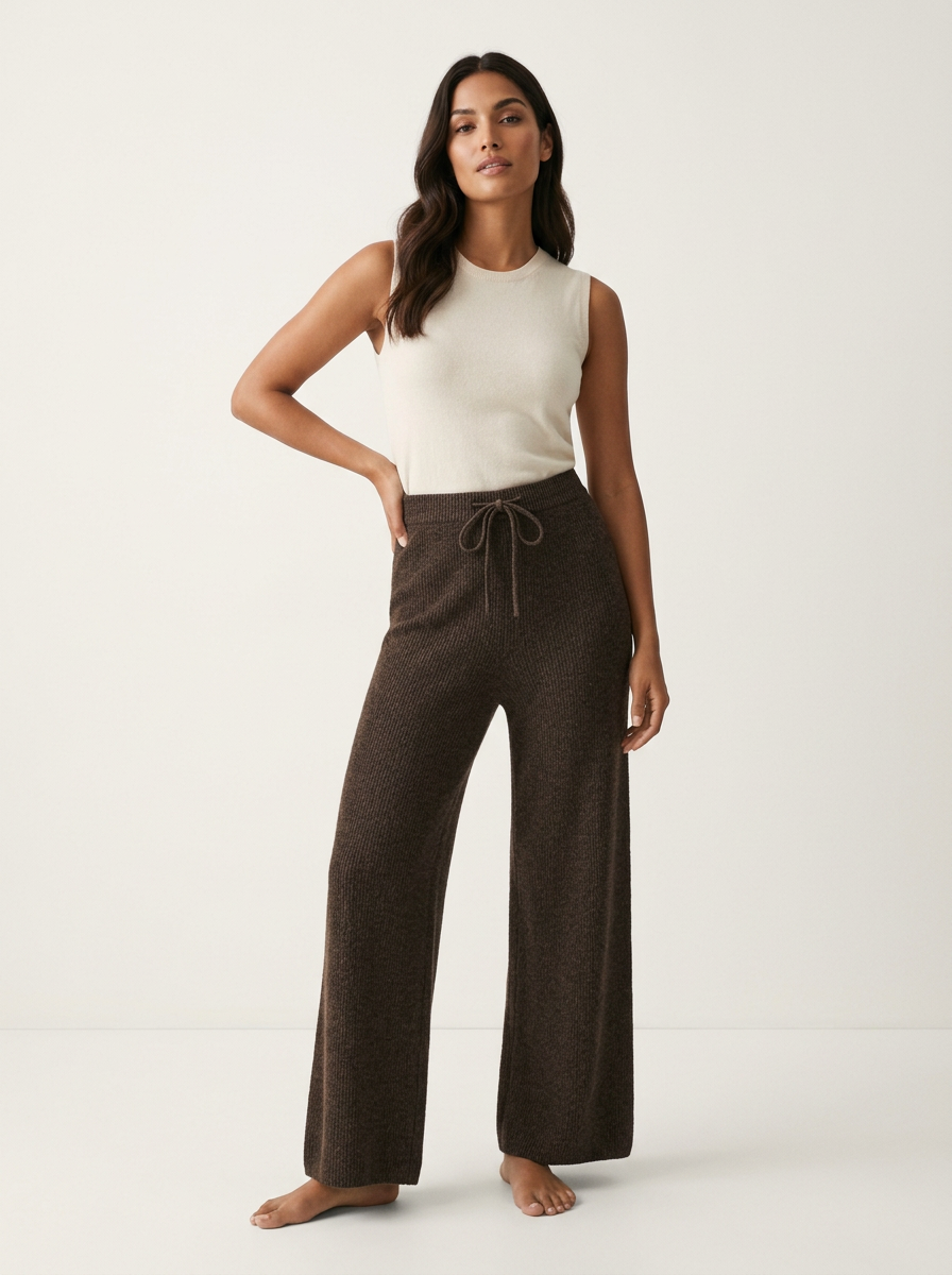 Women's wide-leg knitted pants with adjustable drawstring, soft textured fabric, full length