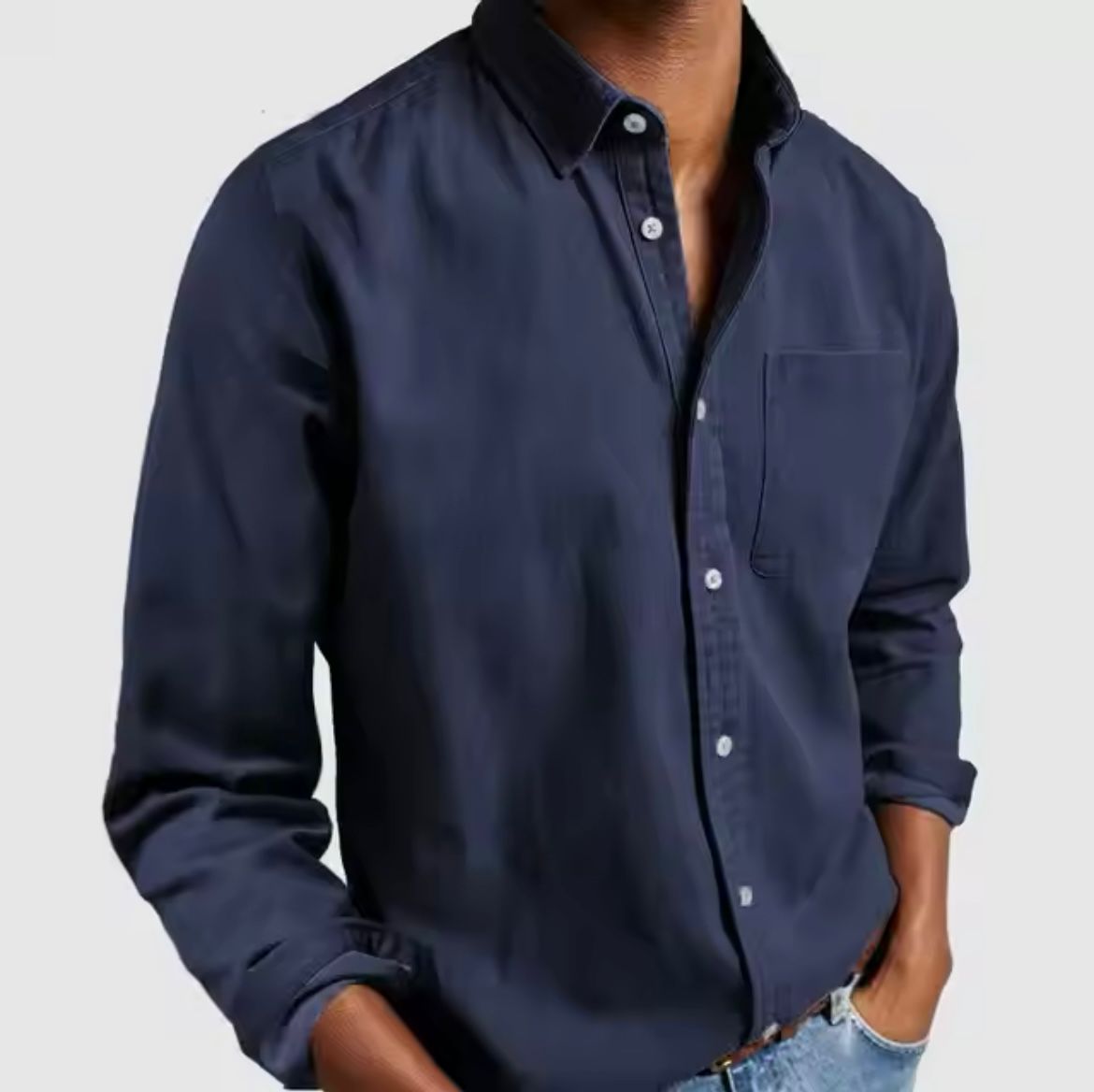 Long-sleeved men's woven linen-blend shirt with a classic shirt collar