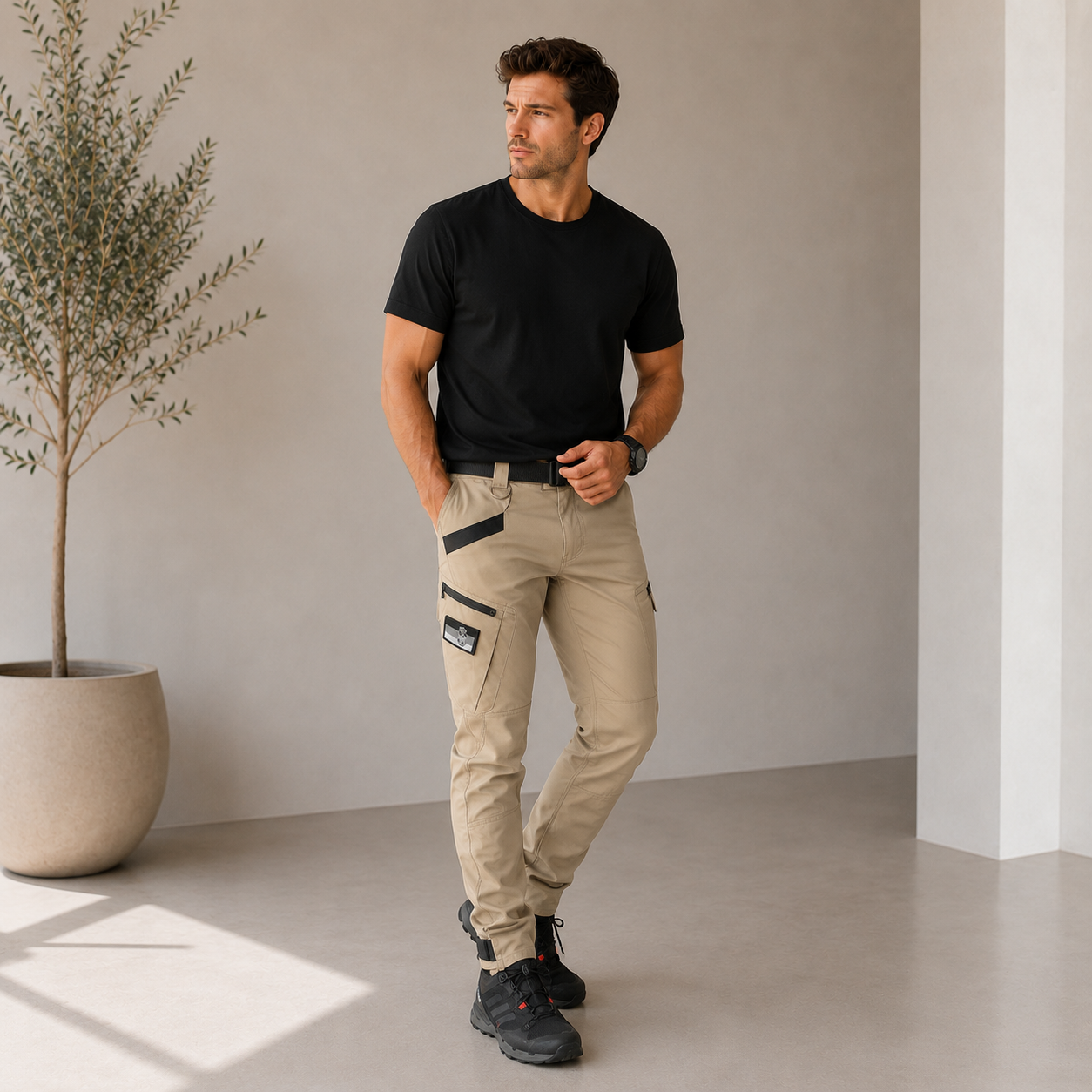 Men's full-length cargo pants with zipper fly, flap pockets, and woven fabric