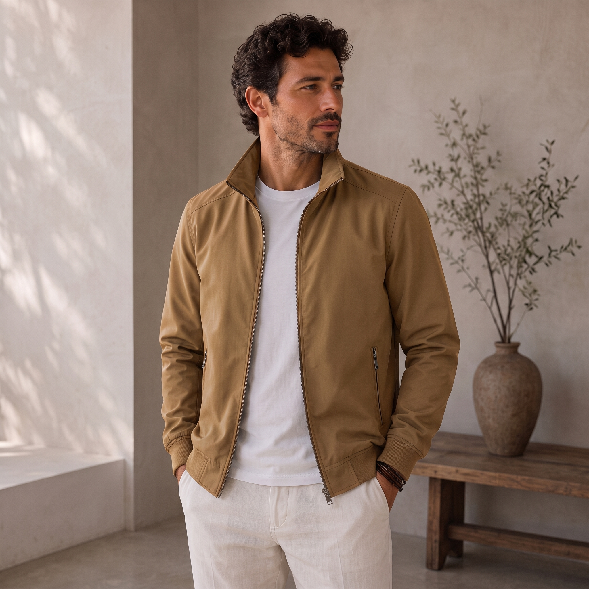 Men's casual outer jacket with zippered side pockets and elastic cuffs