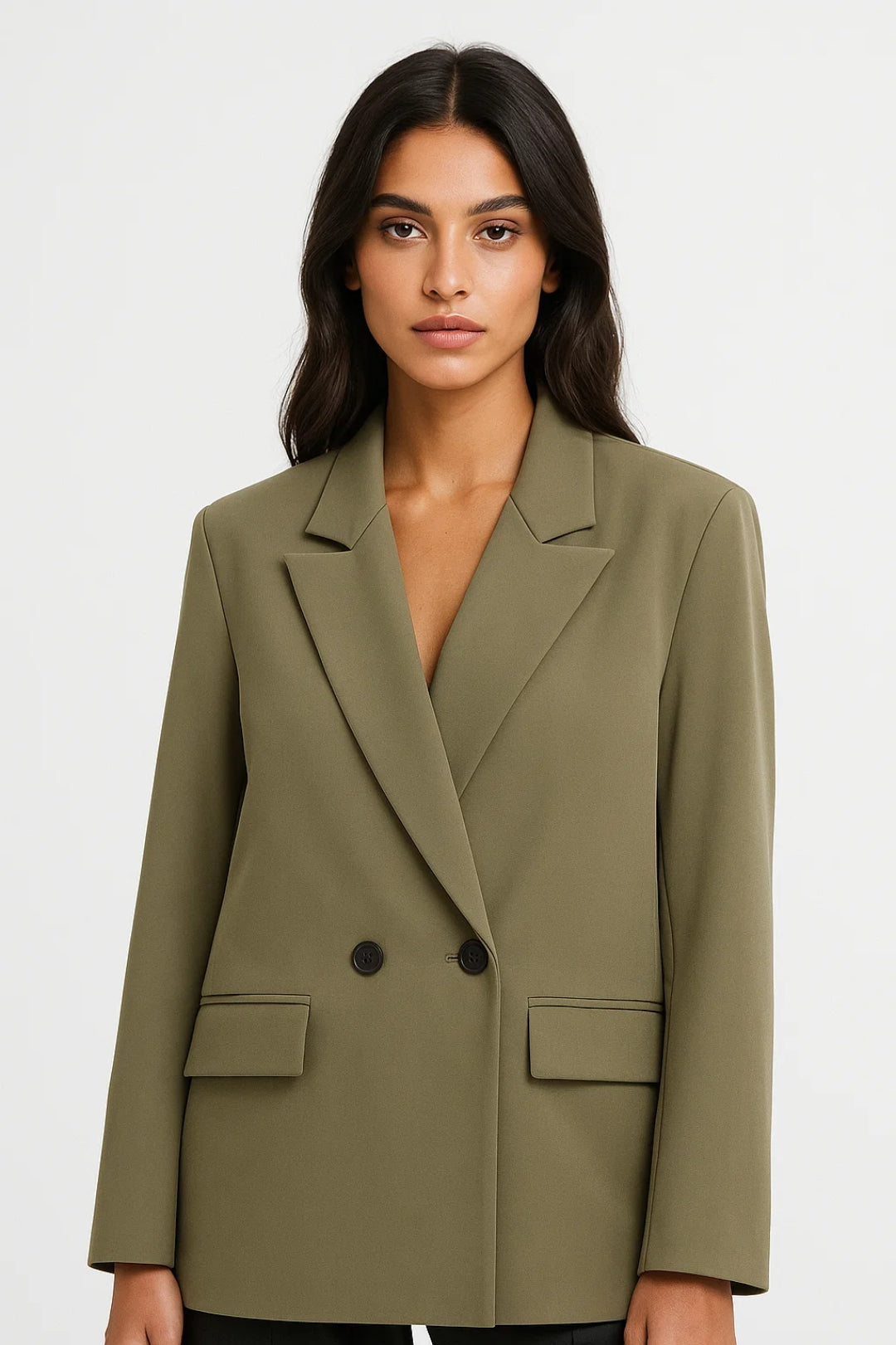 Women's double-breasted tailored blazer with lapel collar and front flap pockets