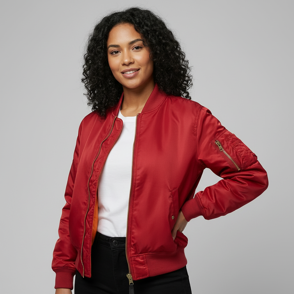 Women's bomber jacket with structured silhouette, ribbed cuffs, and side pockets