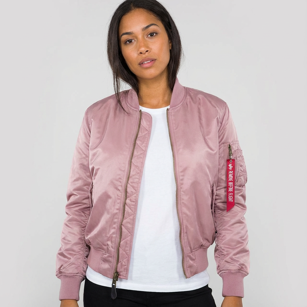 Women's bomber jacket with long sleeves, ribbed cuffs, and zippered sleeve pocket